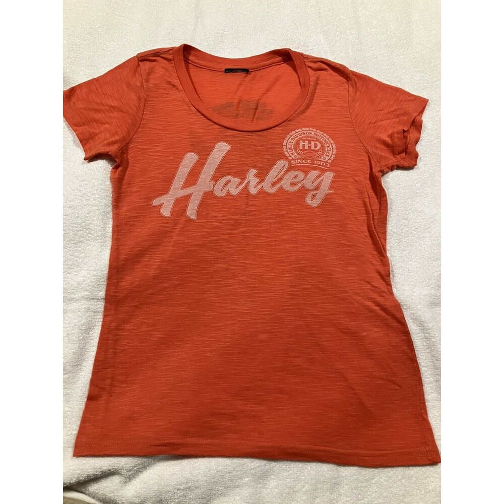 Harley Davidson Shirt Womens Size Large T-Shirt Orange Top Spokane WA Lone Wolf